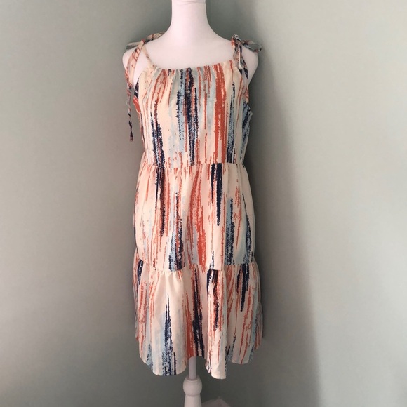 NWT Solution Babydoll Tiered Blue Orange Toe Strap Dress - Picture 1 of 4
